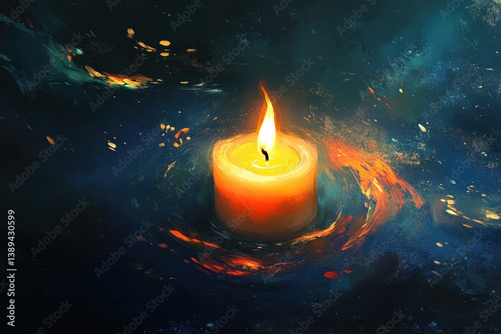 Fototapeta premium A lit candle is placed on top of a majestic mountain beside a flowing river