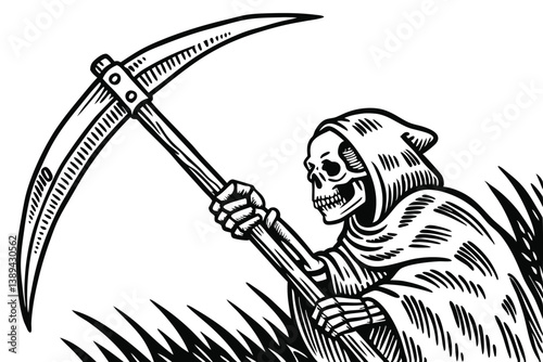 73 Black and white illustration, skeletal hand gripping a scythe, detailed ink drawing, memento mori, grim reaper symbolism, sharp contrasts, gothic artwork, intricate linework, macabre imagery, dark 