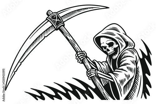 73 Black and white illustration, skeletal hand gripping a scythe, detailed ink drawing, memento mori, grim reaper symbolism, sharp contrasts, gothic artwork, intricate linework, macabre imagery, dark 