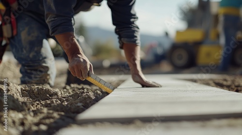 A construction worker measuring a concrete slab at a building site. Featuring precision and focus