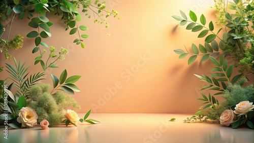 Serene Botanical Arrangement with Peach Background and Soft Lighting, Featuring Delicate Roses and Lush Greenery