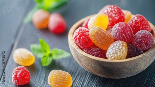 Candy industry comparison sheet with wine gums and caramel treats as decor