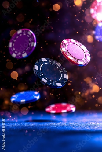 Poker chips of various colors spin in mid-air above a glowing surface with a blurred sparkling background