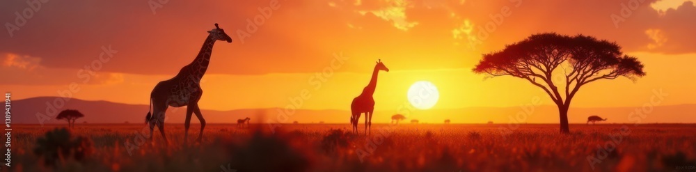 Fototapeta premium Giraffe Silhouette in open grasslands, animals, Africa