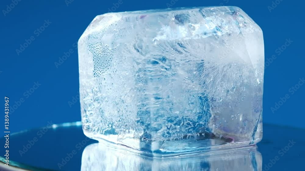 Timelapse of melting ice cube on reflective surface against blue background Timelapse of melting ice cube on reflective surface against blue background