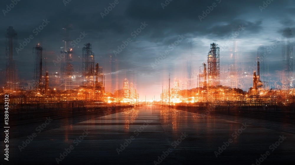 Obraz premium Abstract Double Exposure of Oil and Gas Industry with Dramatic Effects