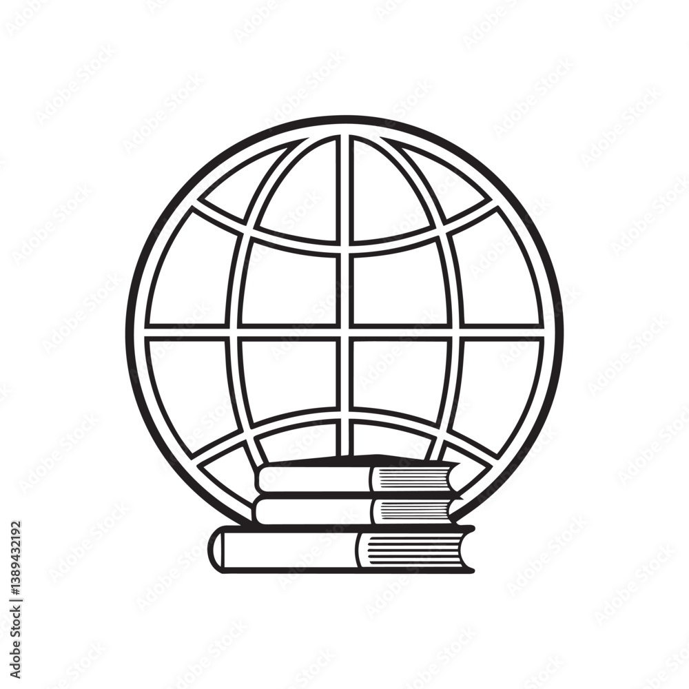 Black and White Globe with Books Icon for Global Education Black and White Globe with Books Icon for Global Education