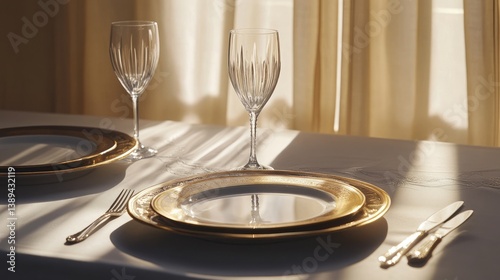 Champagne flute with gentle condensation beside gold-rimmed plate and silver flatware