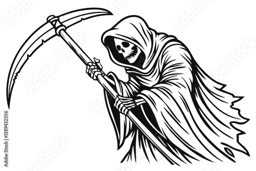 74 Grim reaper, skeleton, scythe, hooded figure, detailed line art, black and white illustration, etching style, gothic, dark fantasy, ghostly wisps, ominous, death personified, intricate shading, cro
