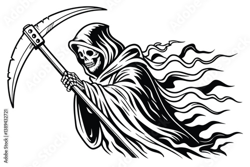 74 Grim reaper, skeleton, scythe, hooded figure, detailed line art, black and white illustration, etching style, gothic, dark fantasy, ghostly wisps, ominous, death personified, intricate shading, cro
