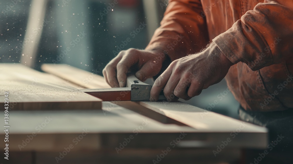 A construction worker measuring and cutting wood at a building site. Featuring skill and precision A construction worker measuring and cutting wood at a building site. Featuring skill and precision