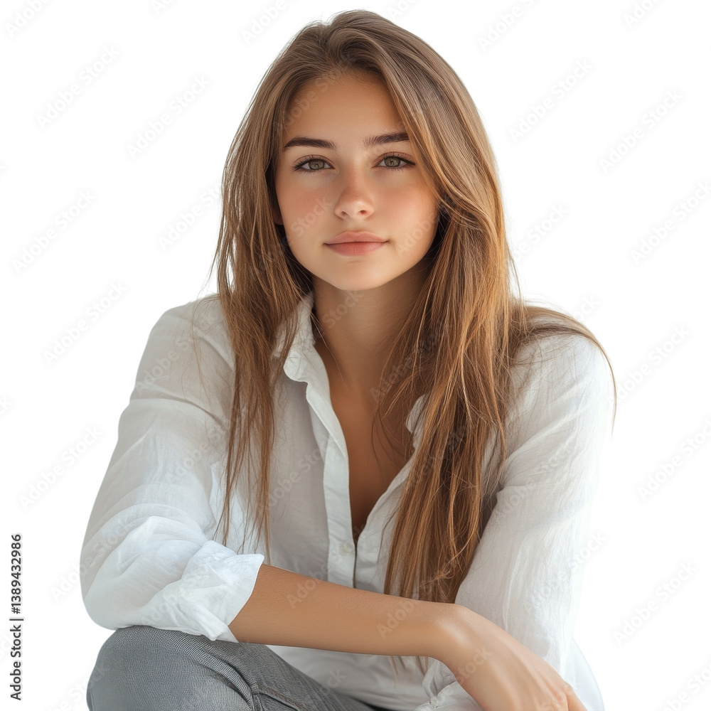 Natural beauty shines through a calm portrait of a young woman seated against a pure white backdrop in a soft shirt