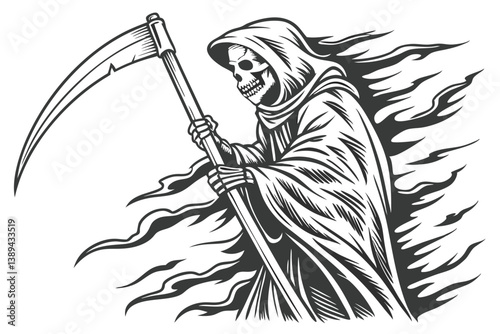 74 Grim reaper, skeleton, scythe, hooded figure, detailed line art, black and white illustration, etching style, gothic, dark fantasy, ghostly wisps, ominous, death personified, intricate shading, cro