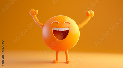 Cheerful 3D cartoon character with raised arms on orange background