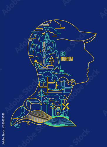 concept of eco tourism or sustainable traveler, graphic of tourist character with environmental forest inside
