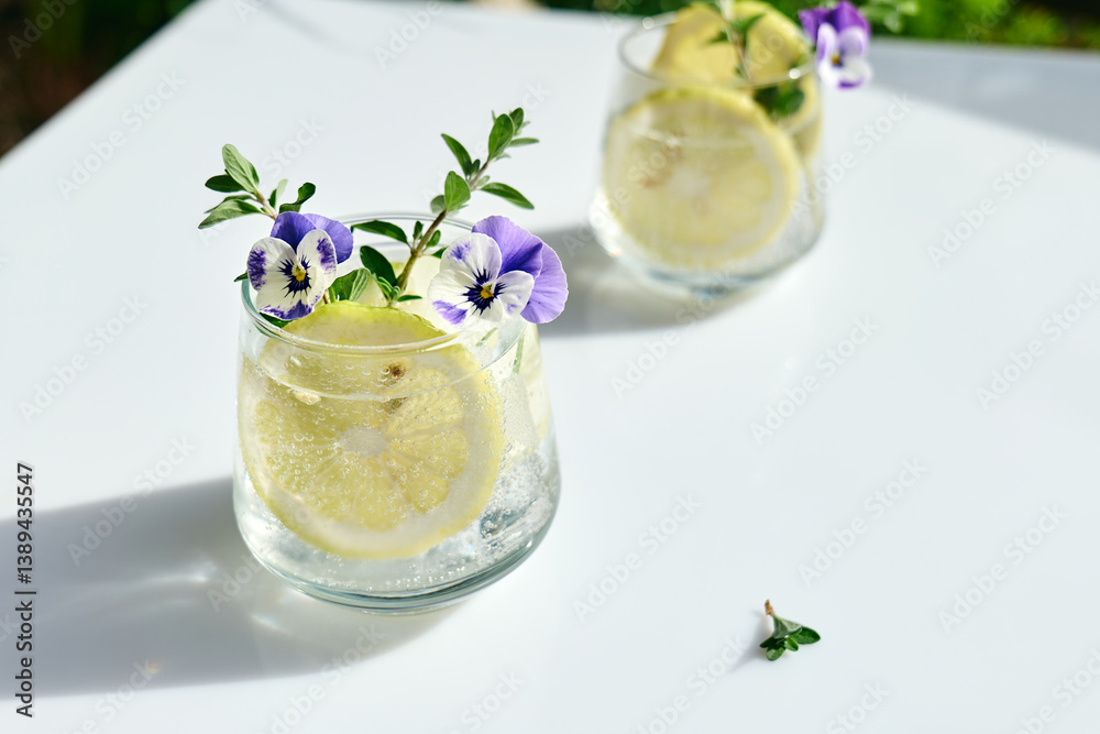 Fototapeta premium Iced lemonade with edible pansy flowers, lime and mayran. Refreshing summer drink. Healthy organic summer soda drink. Detox water. Diet unalcolic coctail.