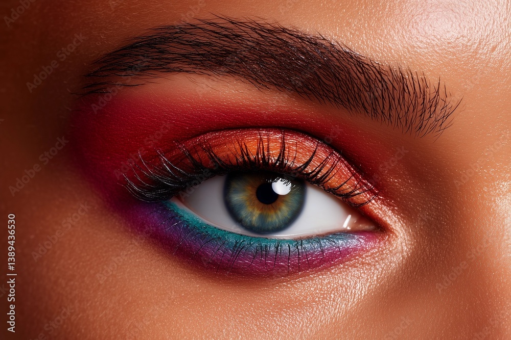 Fototapeta premium Vibrant pigment explosion, chromatic eye artistry, high-fashion cosmetic elegance.