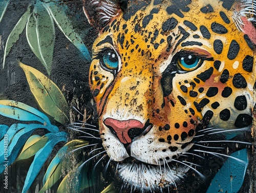 Arte urbano de jaguar con mirada intensa pintado en mural callejero con colores vibrantes y textura desgastada