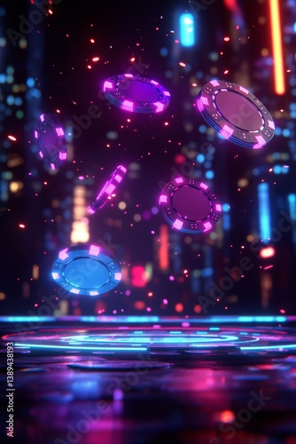 A cluster of neon-lit poker chips floats inside a futuristic, glowing room filled with digital lights