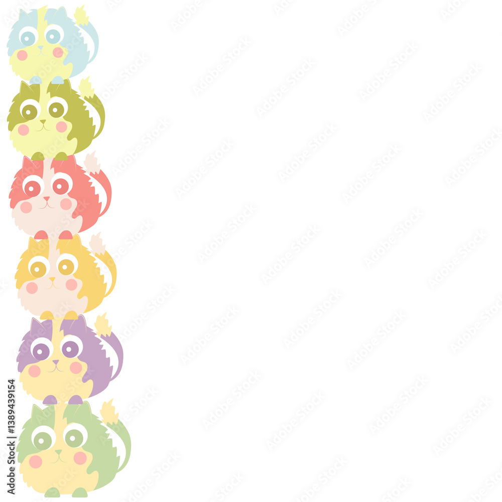 Cartoon cats of different colors with big eyes and happy facial expressions, arranged vertically on top of each other on a white background. Cartoon cats of different colors with big eyes and happy facial expressions, arranged vertically on top of each other on a white background.