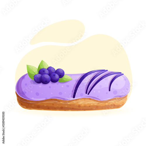 Delicious eclair with custard and blueberries on a yellow background close-up. The concept of confectionery, baking, cooking. Isolated vector illustration for menu design, posters, banners, covers