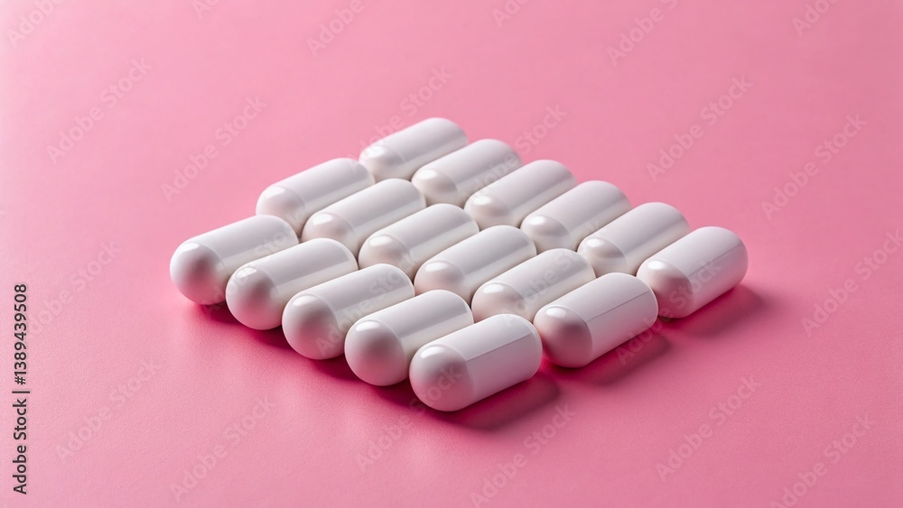 Minimalist Pink Background with White Pills Arranged in a Geometric Pattern - Stock Photo Minimalist Pink Background with White Pills Arranged in a Geometric Pattern - Stock Photo