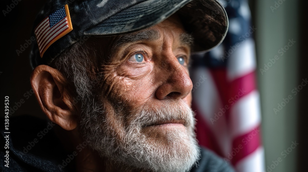 Veteran with flag backdrop. Veteran with flag backdrop.