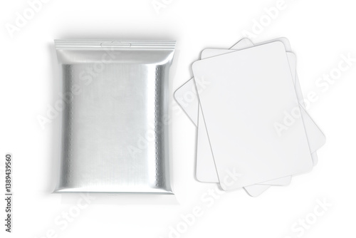 3D Playing cards collectible with shiny foil plastic booster pack mockup isolated. Blank trading card, cards of poker hand, bet, casino, gambling, board game, game cards, credit card or business card
