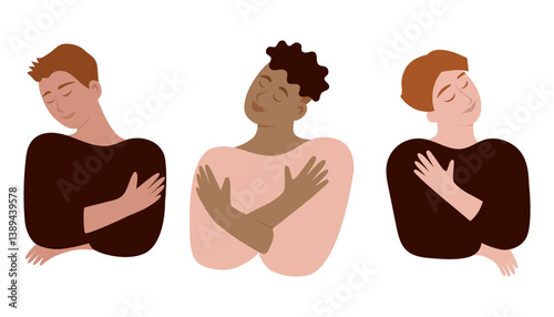 Illustration concept of a man hugging himself in front of a heart shape on white background, symbolizing self-love and acceptance. Hand-drawn vector in flat style.