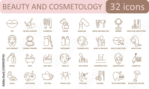 set of icons for body care, beauty, cosmetology, hygiene and makeup creation. Icons in flat style.Manicure, beauty salon, style and fashion