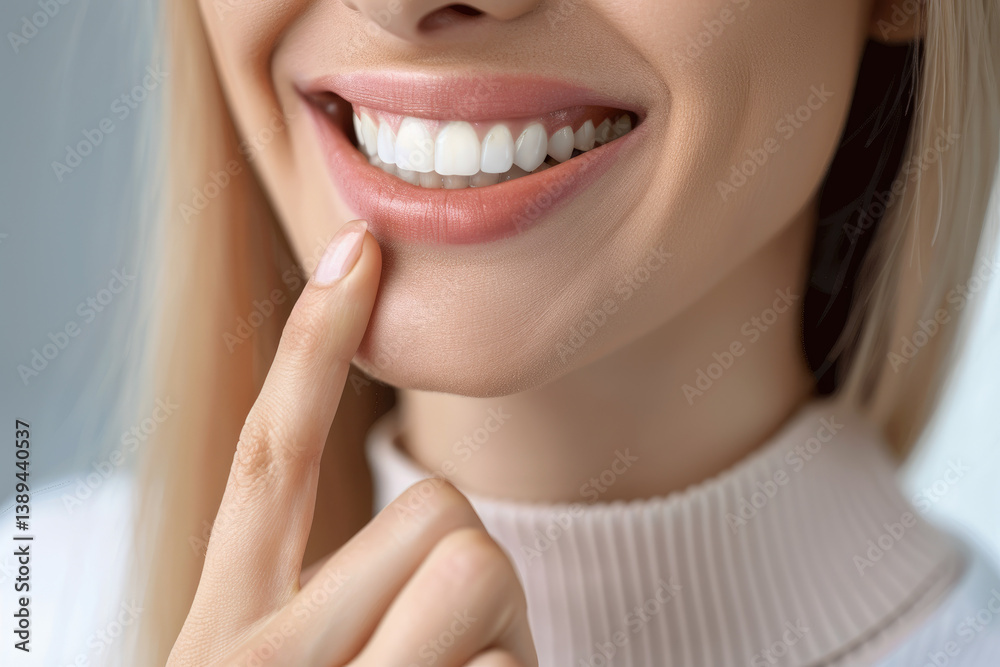 Obraz premium Close-up image of a woman pointing to her healthy gums, highlighting the importance of oral hygiene and dental health in a clinical setting.