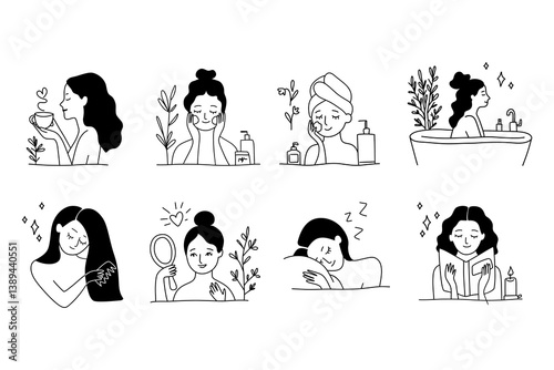 Various self-care activities by women shown in minimal black and white hand-drawn style on white background. Concept of wellness and relaxation. Hand-drawn vector illustration in flat style.