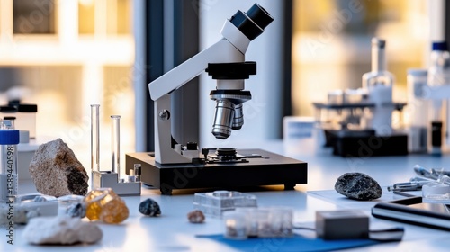 A modern lab setup featuring a microscope surrounded by various minerals, highlighting the scientific exploration and study of natural elements.