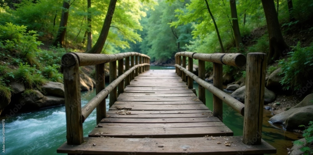 Obraz premium Old, worn wooden bridge over a river in the wilderness, wilderness, trees, wooden bridge