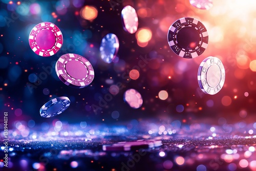 Floating poker chips are caught mid-motion under vibrant lights and a sparkling casino floor