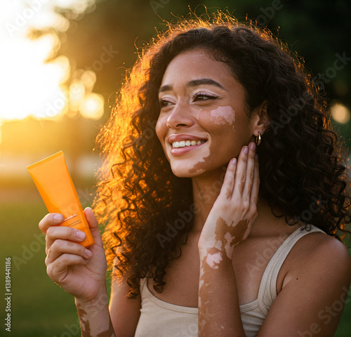 Young woman with vitiligo smiling and holding tube of sunscreen cream. Embracing natural beauty, self-care, and healthy skin routine. For projects related to diversity, self-love, or skin conditions.