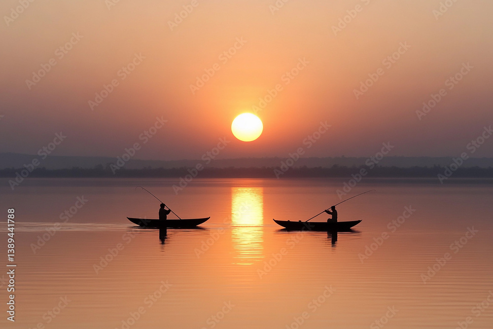 Fototapeta premium Fishing at sunset creates a serene and chaotic scene on the calm waters of the lake
