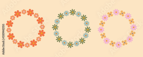Groovy flower circle frame set. Floral circle frame. Hand drawn simple botanical round border, laurel, wreath with flowers. Vector illustration for wedding invitation, card, logo.