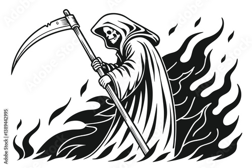 76 Grim reaper, hooded figure, scythe, black and white illustration, dotted shading technique, ethereal, floating, dark shadows, flames, ominous, detailed linework, gothic style, eerie atmosphere, sup