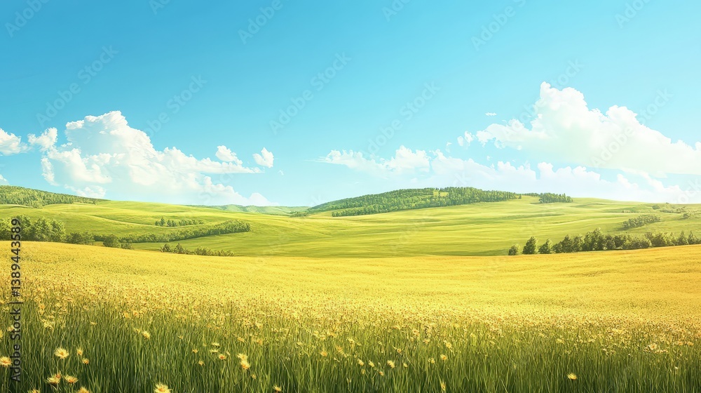 Obraz premium panoramic grassland landscape with vast golden fields stretching endlessly under a clear blue sky