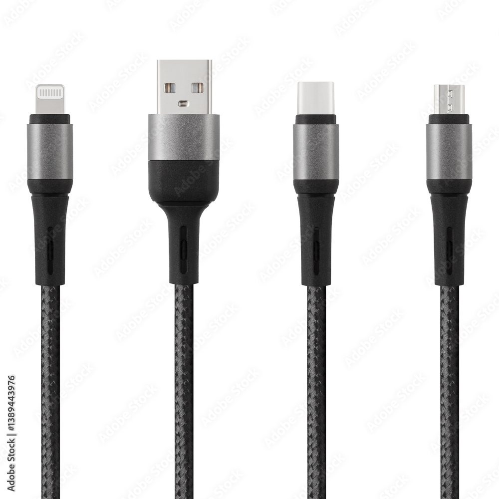 Black cable for charging and synchronization with Type - C, USB, Micro USB, Lightning connectors on a white isolated background close-up
