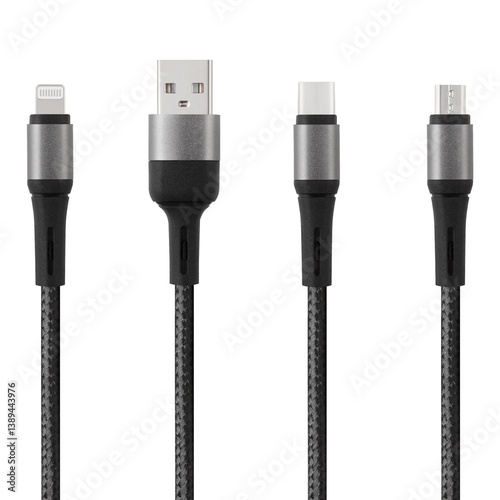Black cable for charging and synchronization with Type - C, USB, Micro USB, Lightning connectors on a white isolated background close-up