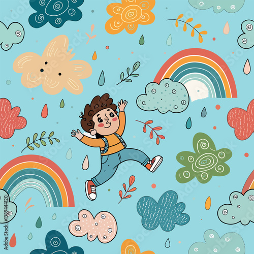 Cartoon kid seamless pattern with multicolor clouds. Liquid amoeba shaped forms. Colorful freeform blotches, .eps