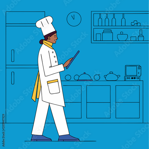 Chef checking tablet in a modern kitchen  