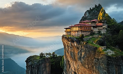 Majestic cliffside monastery at sunrise, surrounded by misty mountains and valleys below