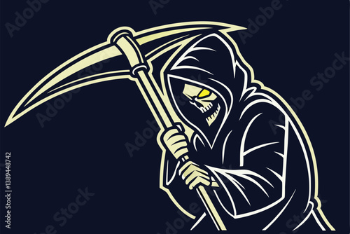 78 Dark grim reaper logo, hooded figure, glowing yellow eyes, scythe, blue and gold color scheme, ominous, esports mascot style, sleek design, black background, vector art, menacing pose, sharp edges,