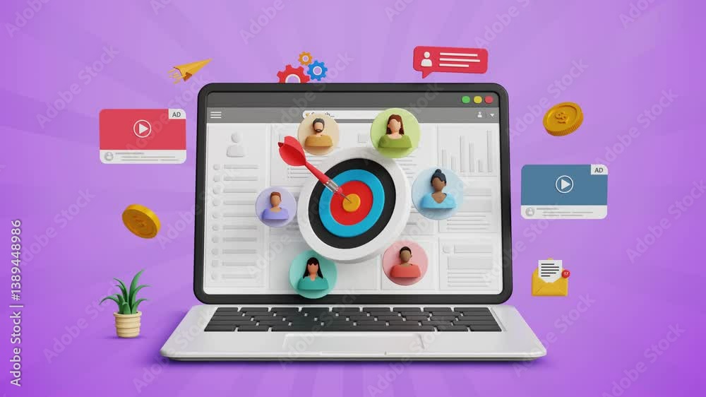 Target audience, targeted ads strategy, marketing segmentation, customer acquisition, online campaign, customer centric strategies. 3D laptop with dartboard and target customers. 4K 3D animation Target audience, targeted ads strategy, marketing segmentation, customer acquisition, online campaign, customer centric strategies. 3D laptop with dartboard and target customers. 4K 3D animation