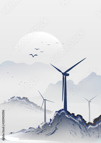 Environmental ink style vertical illustration of wind energy