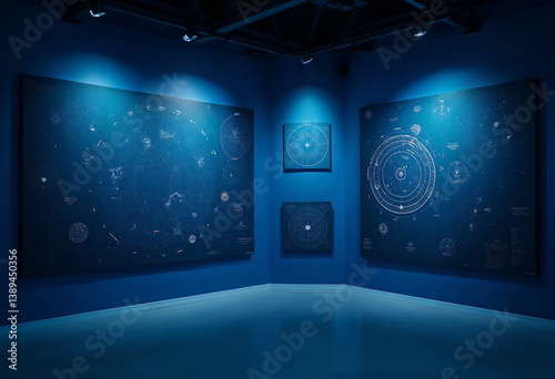 Dark room with astronomy exhibit and star charts