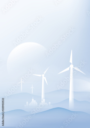 Environmental ink style vertical illustrations of windmills and cities